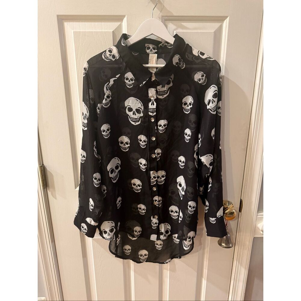 Haley Starr Black Long Sheer Happy Skulls Button Down Shirt sz XL EUC